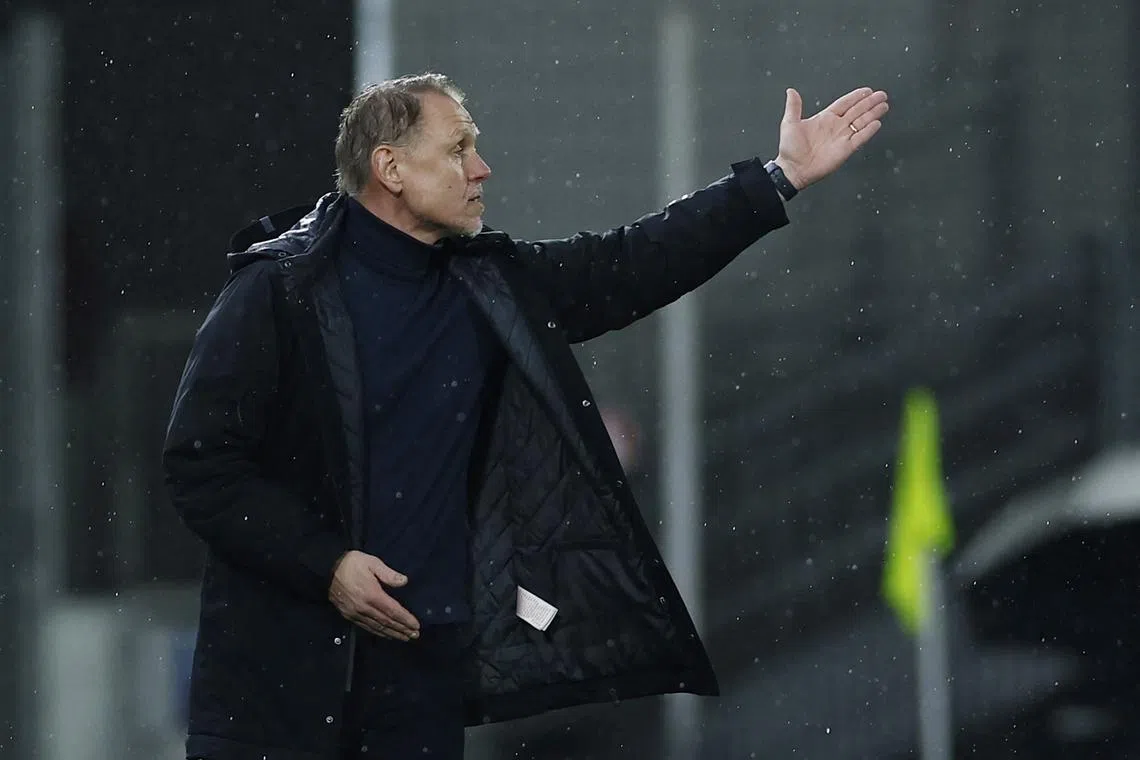 FILE PHOTO: Soccer Football - Women's Nations League - League A - Italy v Denmark - Stadium Alberto Picco, La Spezia, Italy - February 25, 2025 Denmark coach Andree Jeglertz reacts REUTERS/Ciro De Luca/File Photo