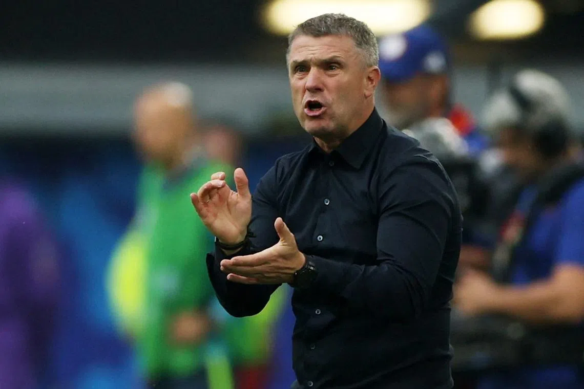 Soccer Football - Euro 2024 - Group E - Slovakia v Ukraine - Dusseldorf Arena, Dusseldorf, Germany - June 21, 2024 Ukraine coach Sergiy Rebrov reacts REUTERS/Thilo Schmuelgen