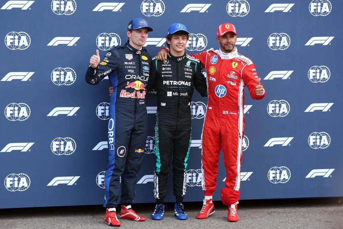 Formula One F1 - Monaco Grand Prix - Circuit de Monaco, Monaco - June 6, 2026 Mercedes' Kimi Antonelli celebrates after qualifying in pole position with second placed Red Bull's Max Verstappen and third placed Ferrari's Lewis Hamilton REUTERS/Jakub Porzycki