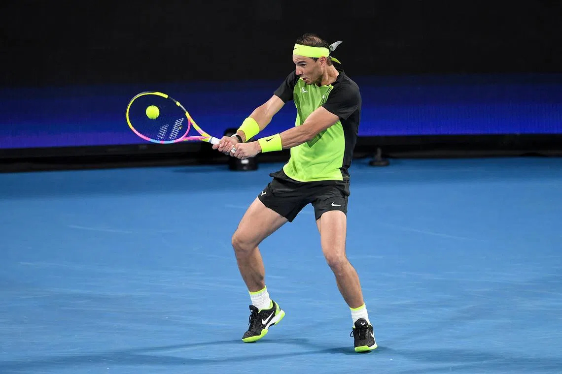 Rafael Nadal of Spain in action in his match against Alex de Minaur of Australia during the 2023 United Cup tennis match between Spain and Australia at Ken Rosewall Arena in Sydney. The home favourite won 3-6, 6-1, 7-5.