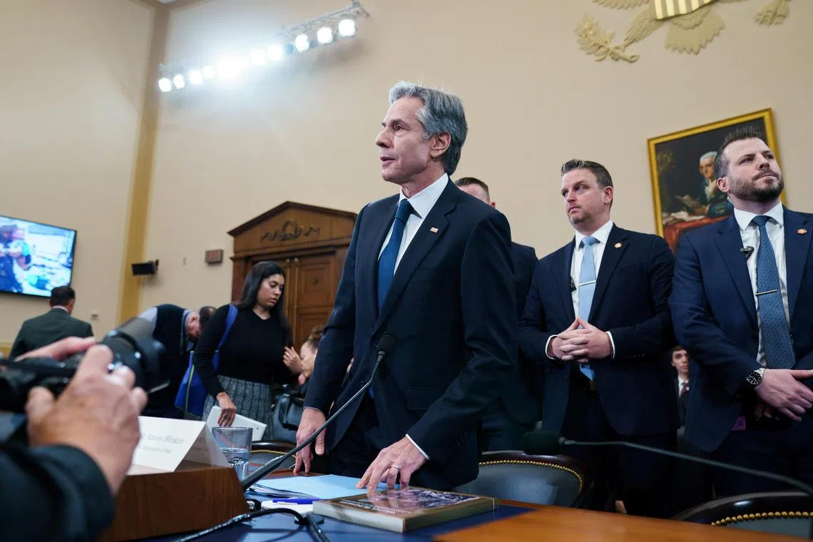 US Secretary of State Antony Blinken (centre) attending the House Foreign Affairs Committee hearing on Dec 11.