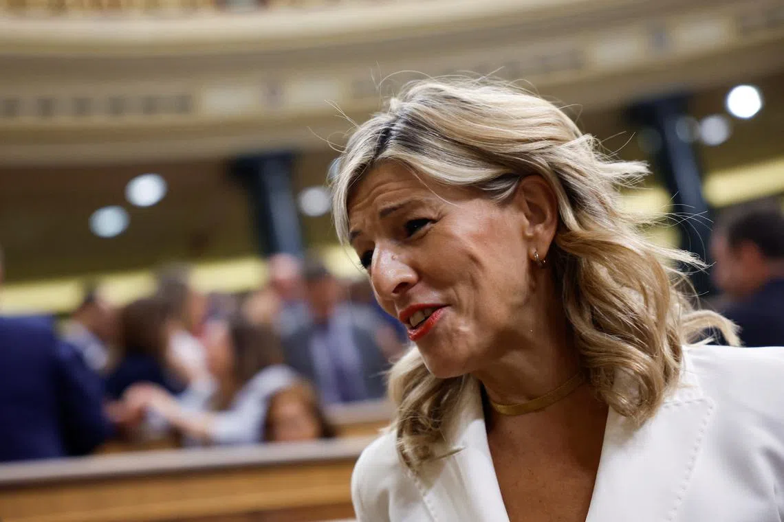 FILE PHOTO: Spanish Deputy Prime Minister Yolanda Diaz arrives at parliament to attend an investiture debate in Madrid, Spain, September 26, 2023. REUTERS/Juan Medina/File Photo