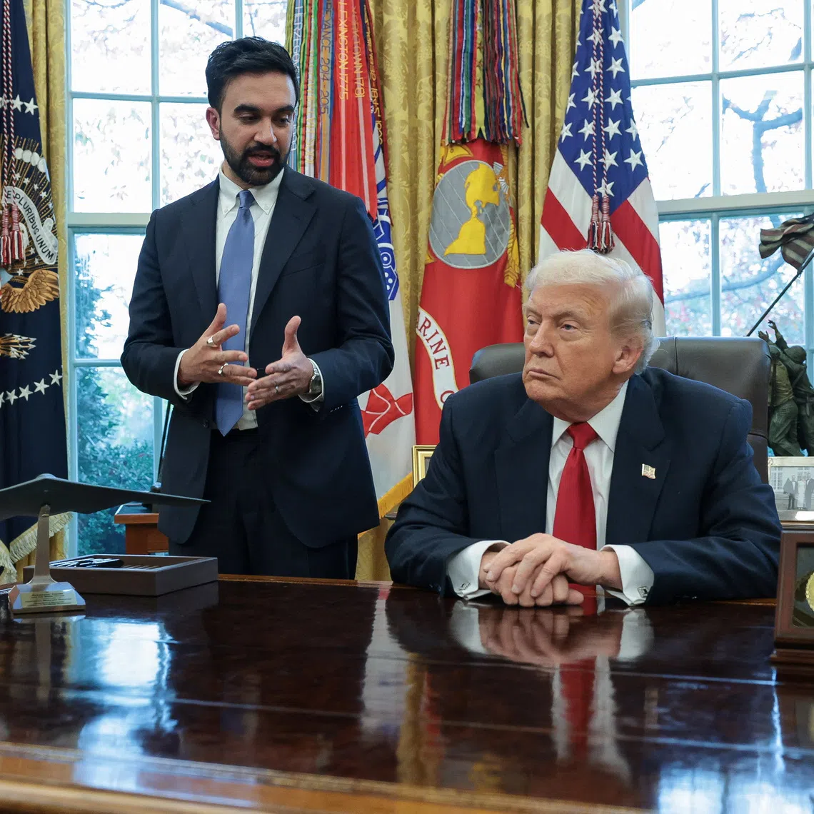 US President Donald Trump meets with New York City Mayor-elect Zohran Mamdani at the White House on Nov 21.