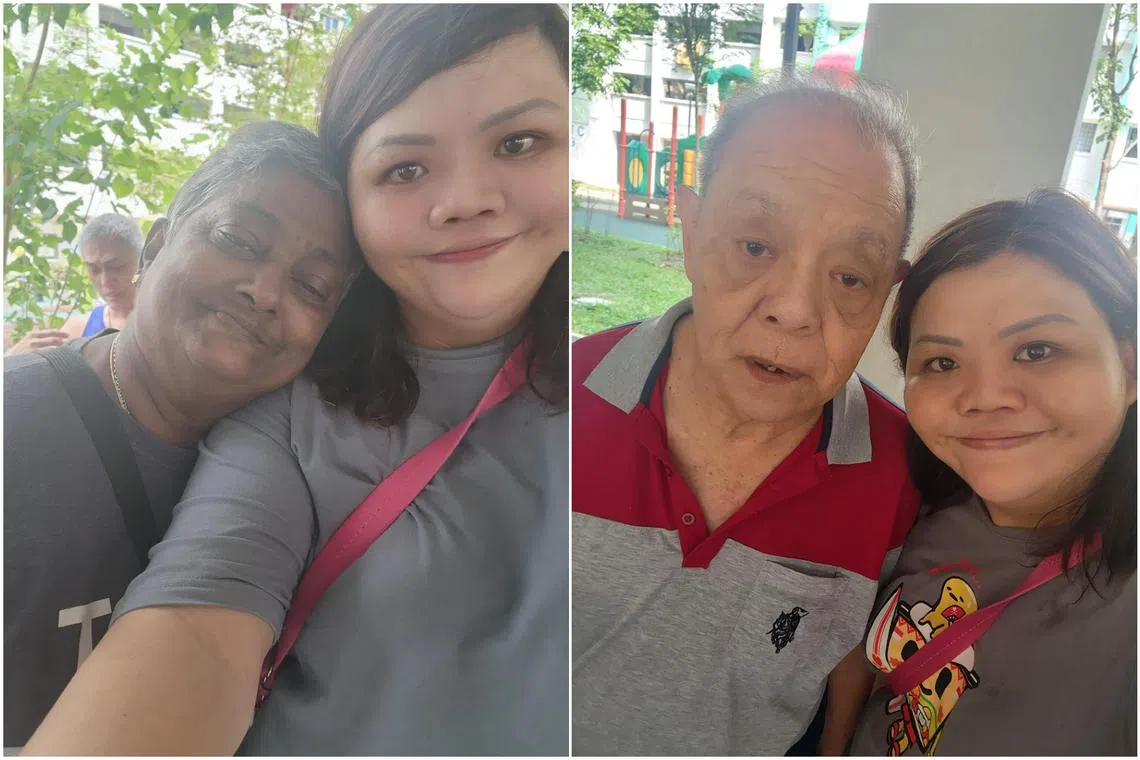 Ms Priscilla Ong with a rental flat resident from Yishun who she affectionately calls "smiley auntie" (left), and with another rental flat resident Mr Toh. 