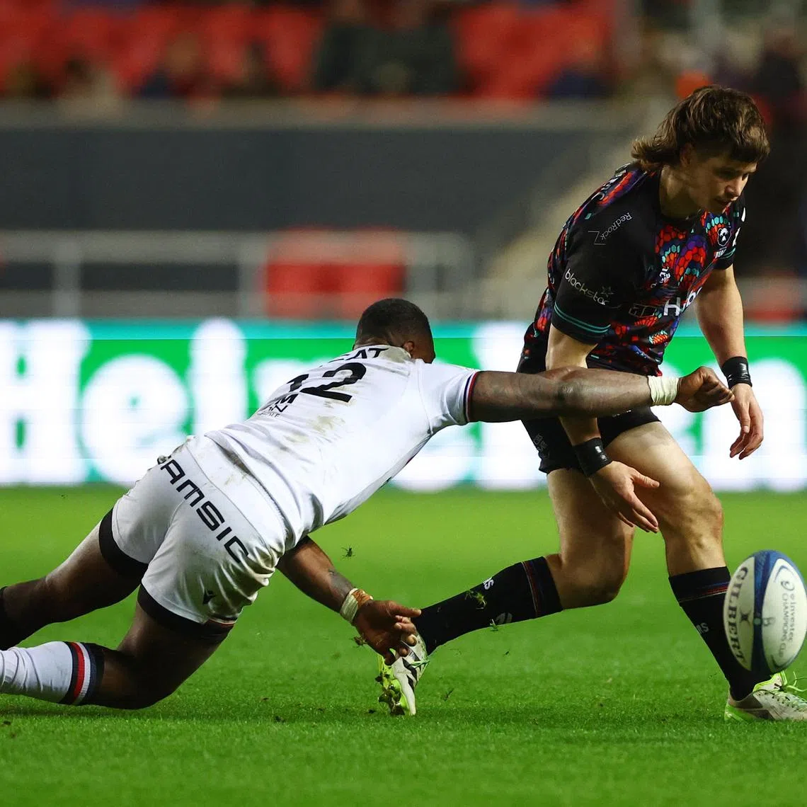 FILE PHOTO: Rugby Union - European Champions Cup - Group A - Bristol Bears v Olympique Lyon - Ashton Gate, Bristol, Britain - December 9, 2023 Bristol Bears' Benhard Janse van Rensburg in action with Olympique Lyon's Semi Radradra Action Images via Reuters/Matthew Childs/File Photo
