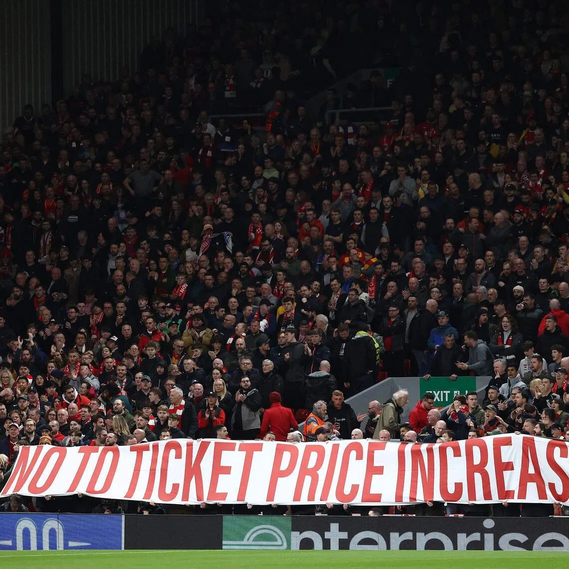 Liverpool fans protest against the planned ticket price rise at Anfield.