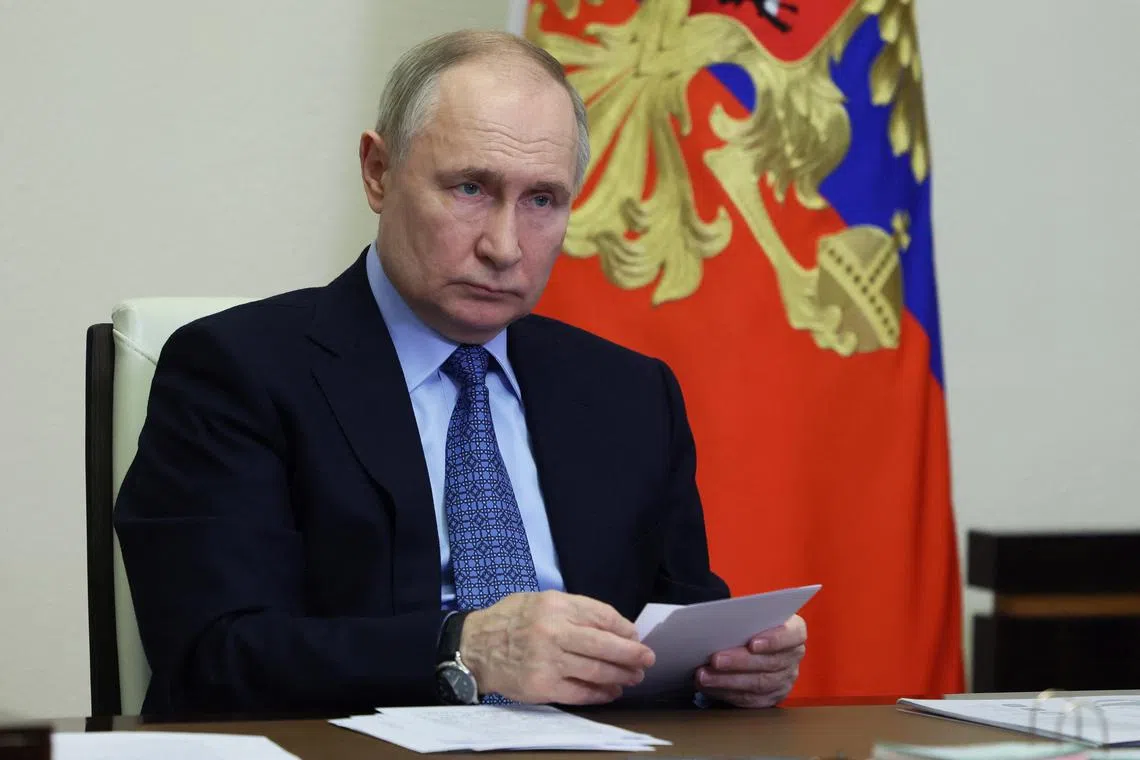 FILE PHOTO: Russian President Vladimir Putin chairs a meeting on the Five Seas and Lake Baikal project of federal all-year-round resorts, via video link at the Novo-Ogaryovo state residence outside Moscow, Russia March 28, 2024. Sputnik/Mikhail Metzel/Pool via REUTERS/File Photo