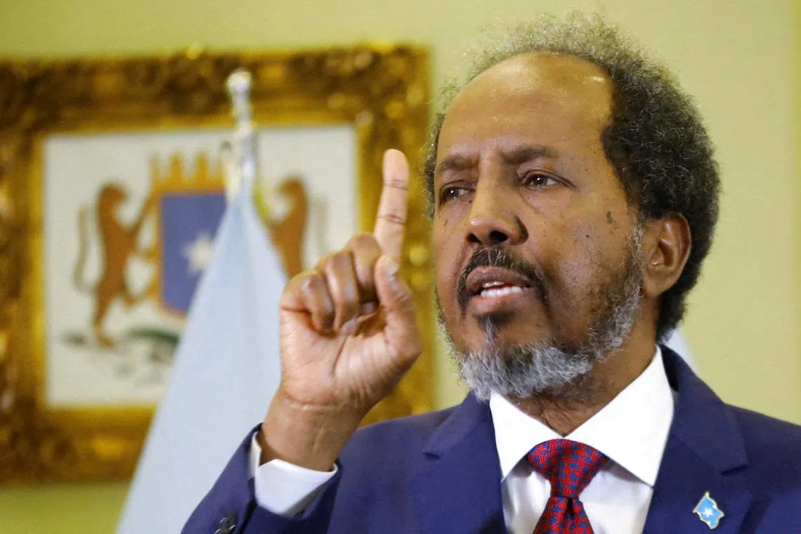 FILE PHOTO: Somalia's President Hassan Sheikh Mohamud addresses the media inside his office in Mogadishu, Somalia February 21, 2024. REUTERS/Feisal Omar/File Photo