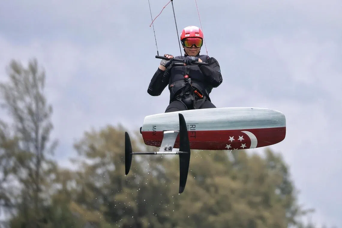 Profile and action shots of Singaporean kitefoiler Maximilian Maeder during training at Changi Beach on Feb 11, 2023. He has been nominated for the ST Athlete of the Year.