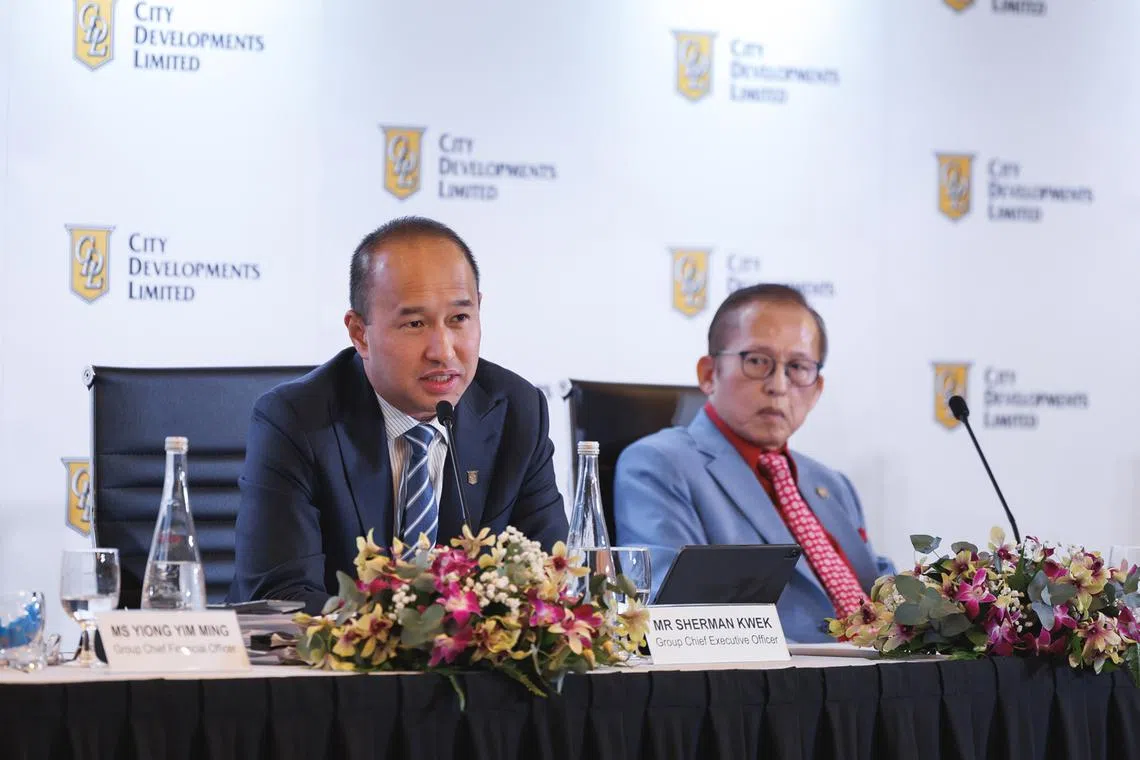 CDL's group chief executive Sherman Kwek (left) and executive chairman Kwek Leng Beng at the company's results briefing on Aug 13.