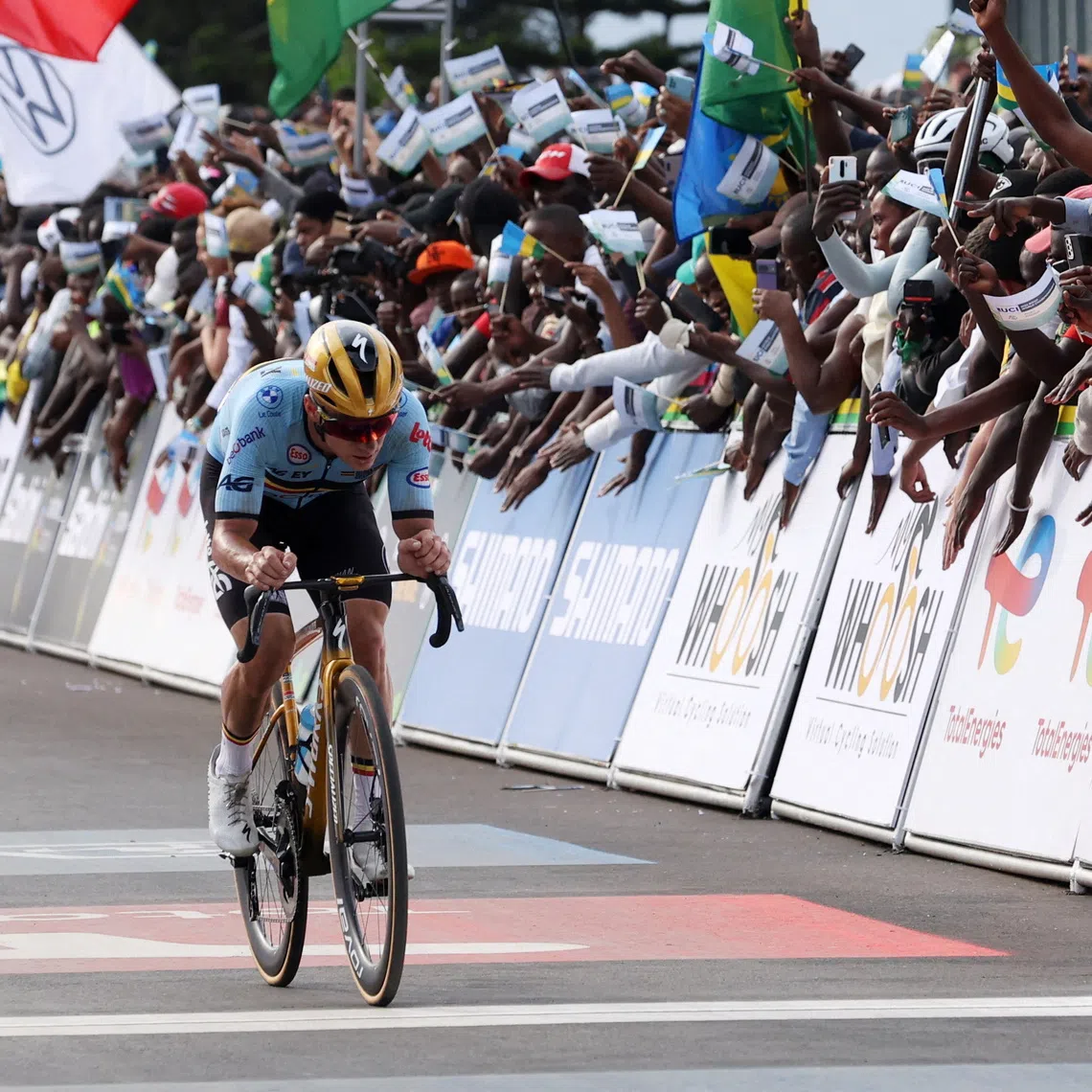 FILE PHOTO: Cycling - Road World Championships 2025 - Kigali, Rwanda - September 28, 2025 Belgium's Remco Evenepoel in action during the Men's Elite Road Race REUTERS/Jean Bizimana/File Photo