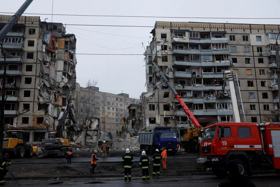 An apartment block was heavily damaged by a Russian missile strike in Dnipro, Ukraine, on Monday.