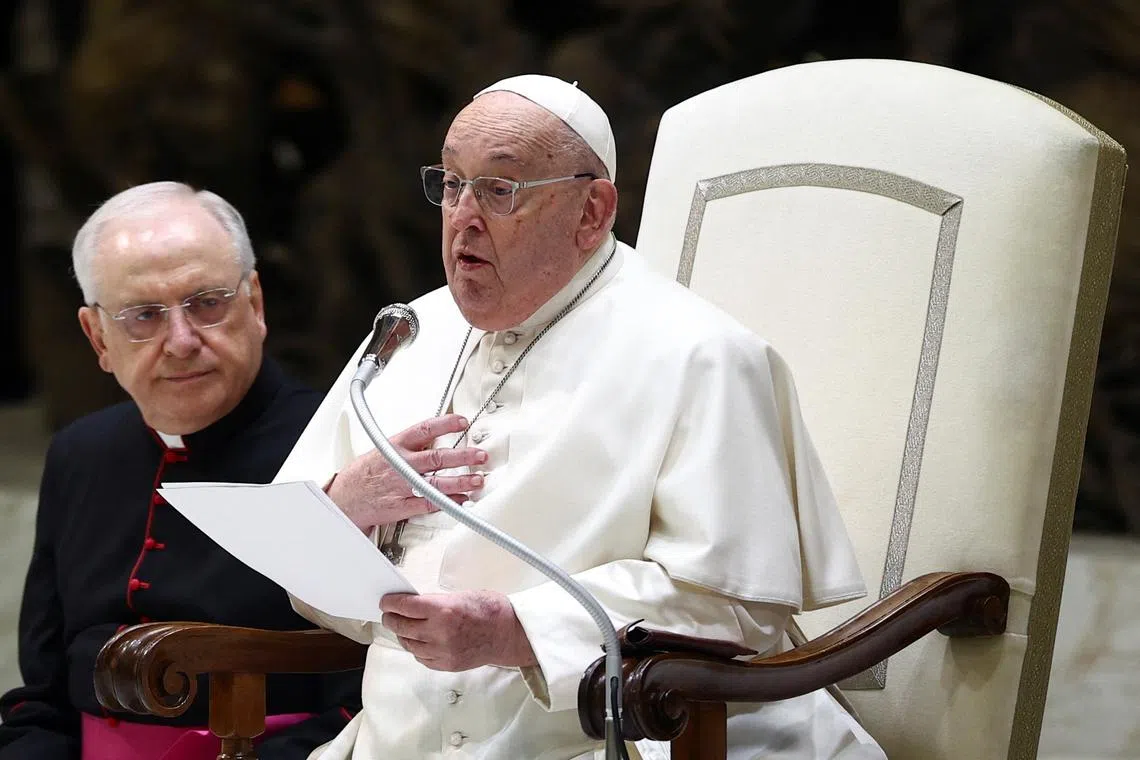 Pope Francis speaks during the weekly general audience, in Paul VI Audience Hall at the Vatican, February 12, 2025. REUTERS/Guglielmo Mangiapane/ File Photo