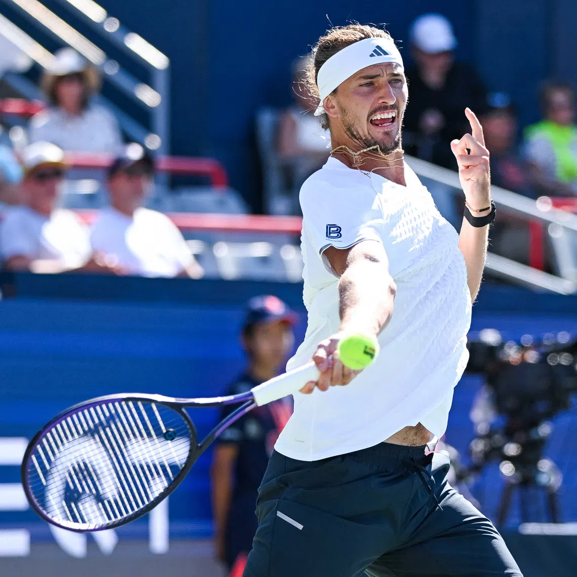 Aug 5, 2026; Montreal, QC, Canada; Alexander Zverev (GER) returns the ball to Tallon Griekspoor (NED) in second round play at IGA Stadium. Mandatory Credit: David Kirouac-Imagn Images