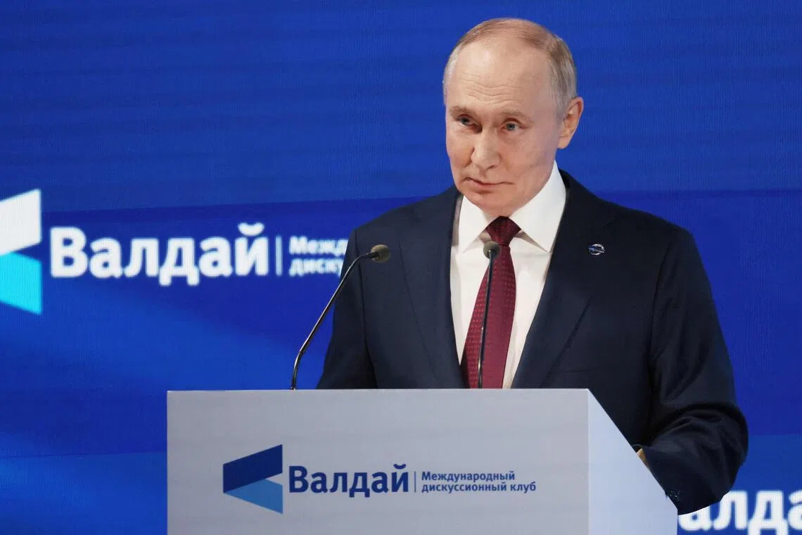 Russian leader Vladimir Putin giving a speech during the Valdai Discussion Group meeting in Sochi, Russia, on Oct 2.