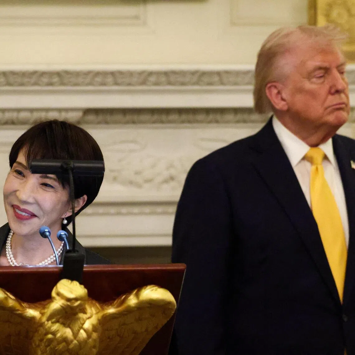 Japanese Prime Minister Sanae Takaichi delivers remarks during a dinner hosted by US President Donald Trump at the White House in Washington, DC, on March 19, 2026.