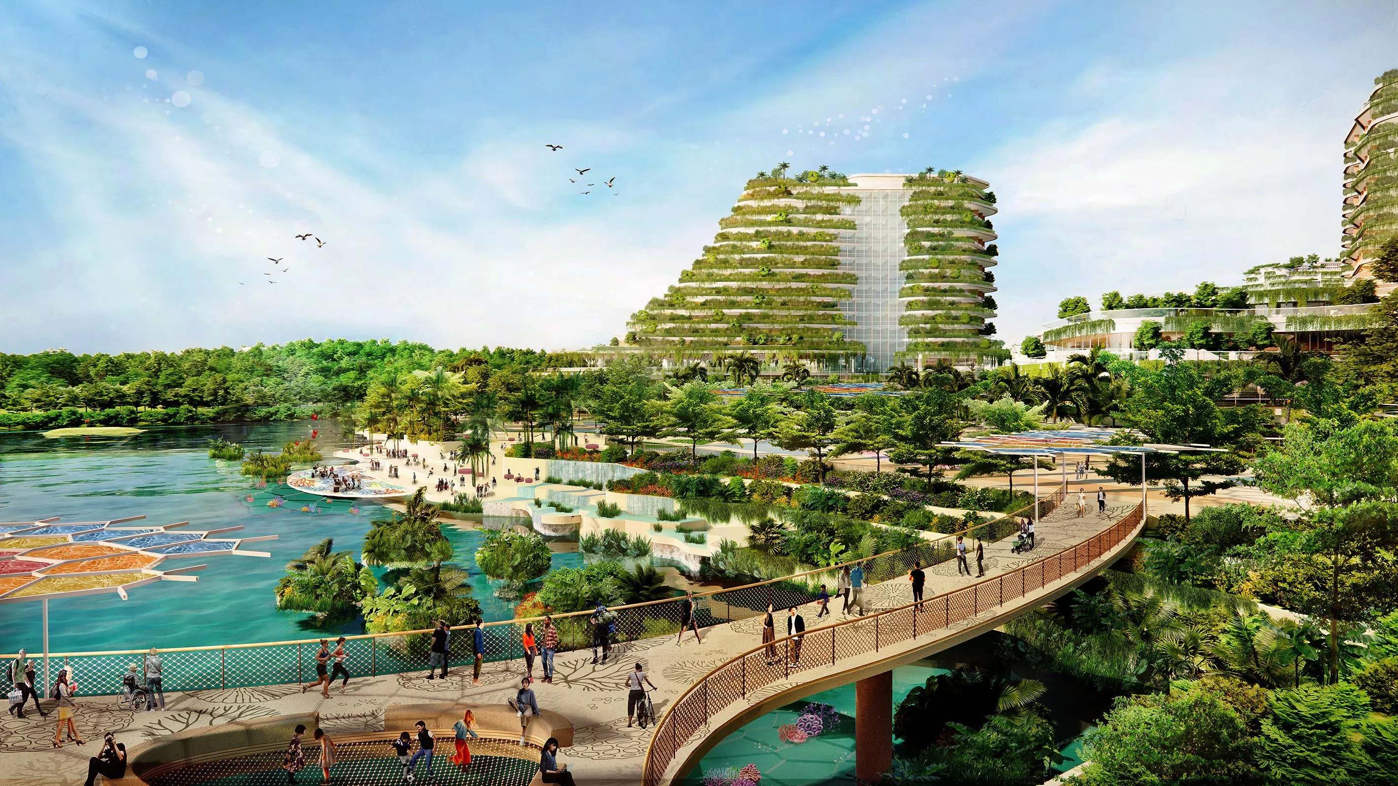 An artist’s impression of the elevated pedestrian connections across a landscaped deck at the Island Heart Transport Hub.
