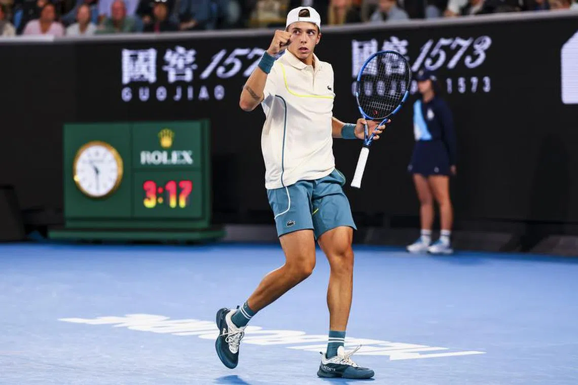 Jan 18, 2024; Melbourne, Victoria, Australia; Arthur Cazaux of France wins a point against Holger Rune (not pictured) of Great Britain in Round 2 of the Men's Singles on Day 5 of the Australian Open tennis at 1573 Arena. Mandatory Credit: Mike Frey-USA TODAY Sports