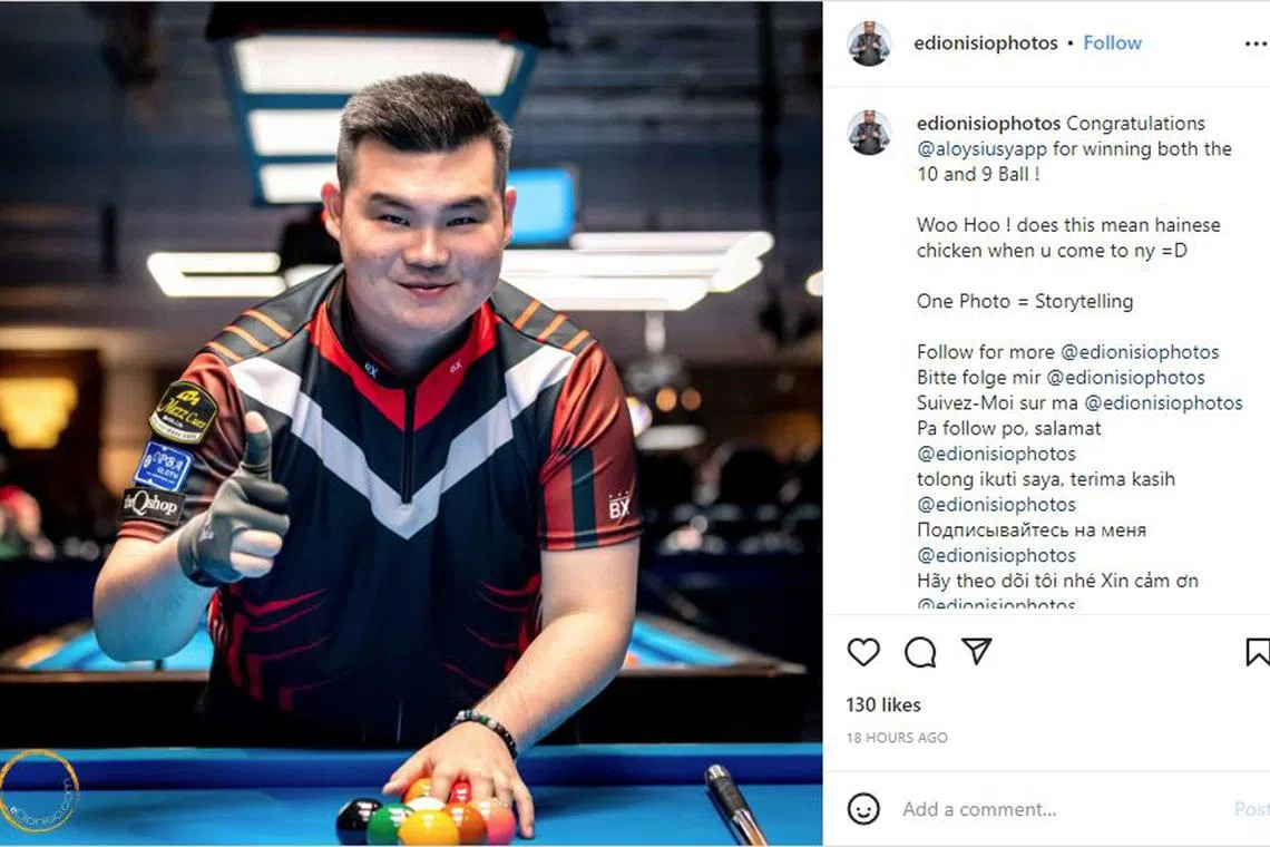 dlpool16 - Despite sleep deprivation and his annoyance with his new haircut, Singapore's top pool player Aloysius Yapp won both the 9-ball and 10-ball events at the Meucci Classic in Sanford, Flordia in the wee hours of Nov 14.

Credit: Instagram/edionisiophotos
Section: Sports
Copyright: For SPH use only