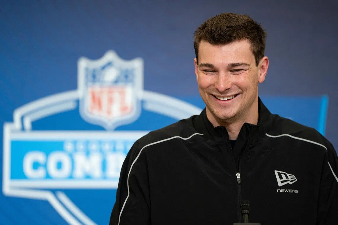FILE PHOTO: Feb 27, 2026; Indianapolis, IN, USA; Indiana quarterback Fernando Mendoza (QB11) speaks to members of the media during the NFL Combine at the Indiana Convention Center. Mandatory Credit: Jacob Musselman-Imagn Images/File Photo