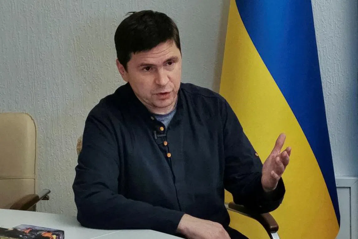 FILE PHOTO: Mykhailo Podolyak, a political adviser to Ukraine's President Volodymyr Zelenskiy, speaks during an interview with Reuters, amid Russia's attack on Ukraine, in Kyiv, Ukraine November 2, 2022.  REUTERS/Sergiy Voloshyn/File photo