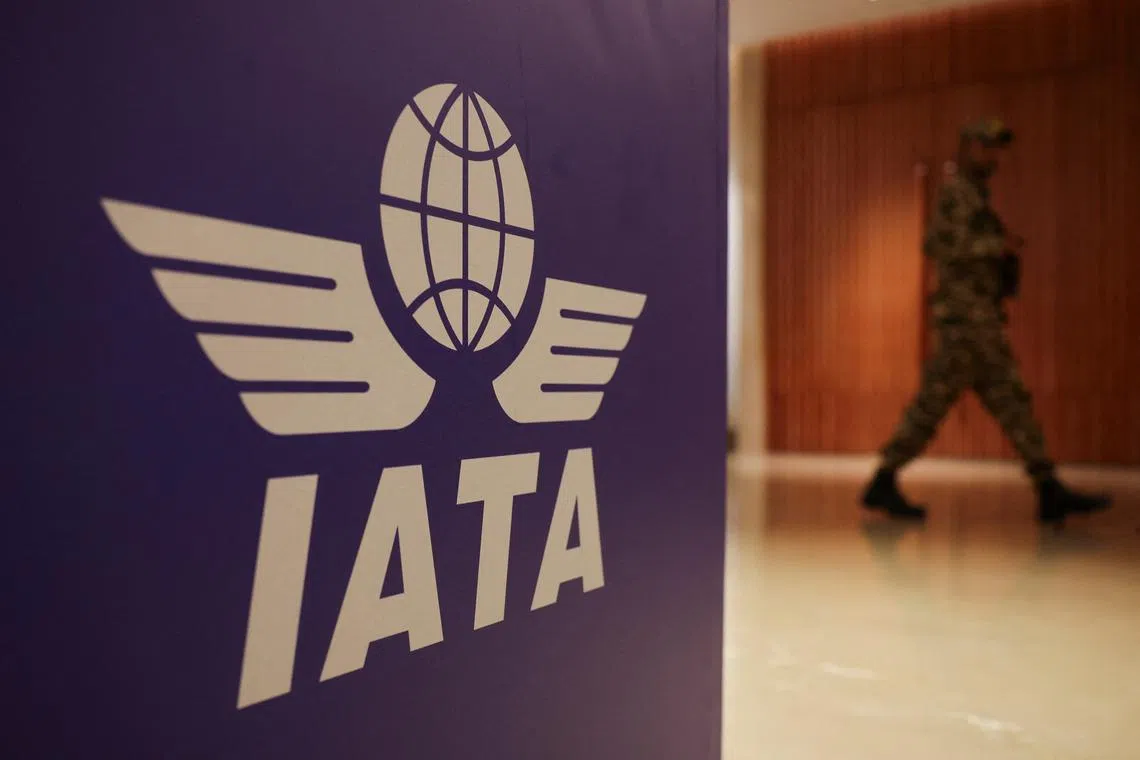 FILE PHOTO: The IATA logo is displayed during the annual International Air Transport Association (IATA) meeting in New Delhi, India, June 2, 2025. REUTERS/Anushree Fadnavis/File Photo