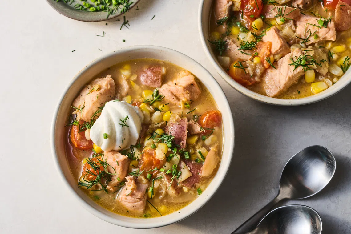 Filled with tender pieces of salmon and sweet corn kernels, this soup is both satisfying and easy to make.
