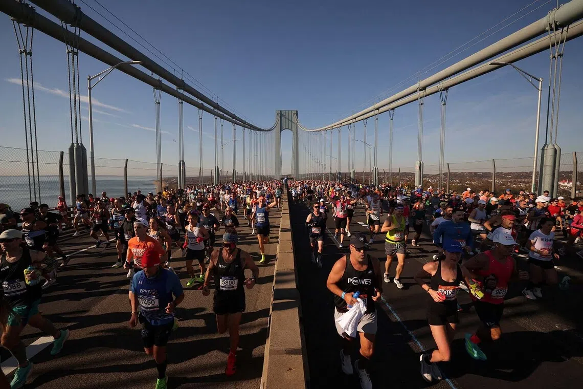 Runners on the Verrazzano-Narrows Bridge during the New York City Marathon, Nov 2, 2025.