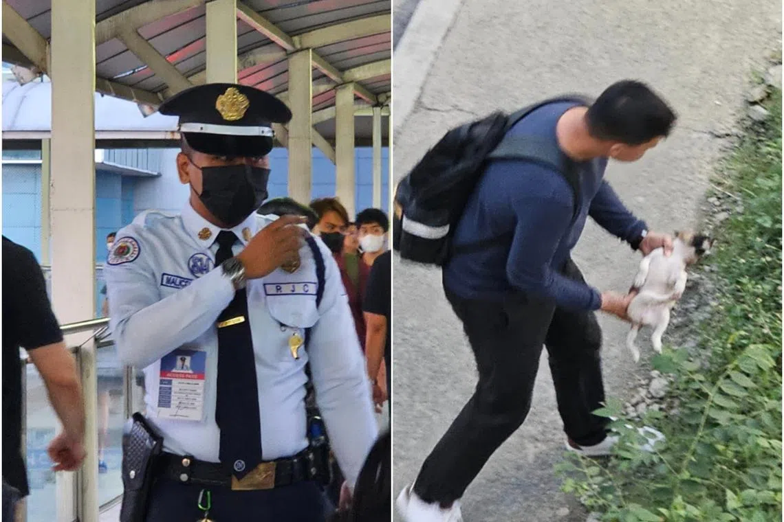 Mall cop Jojo Malecdem (left) was trying to shoo away two girls who were playing with their puppy on a footbridge.