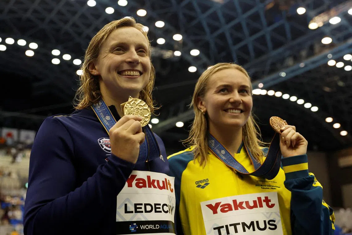 Katie Ledecky of the US (left) will renew her rivalry with Australia's Ariarne Titmus at the Paris Olympics.