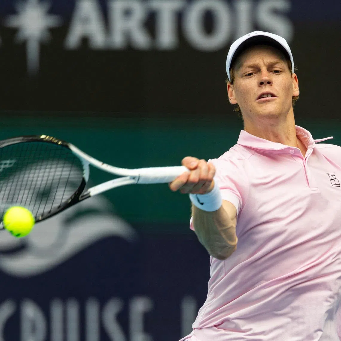 Mar 29, 2026; Miami Gardens, FL, USA; Jannik Sinner of Italy hits a forehand against Jiri Lehecka of the Czech Republic during the final of the men’s singles final of the Miami Open at the Hard Rock Stadium. Mandatory Credit: Mike Frey-Imagn Images