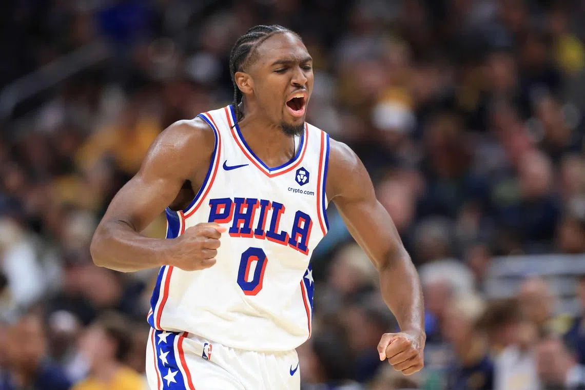 Tyrese Maxey of the Philadelphia 76ers reacting during the second half of the National Basketball Association game against the Indiana Pacers at Gainbridge Fieldhouse on Oct 27.  He scored 45 points in his team's hard-fought 118-114 win.