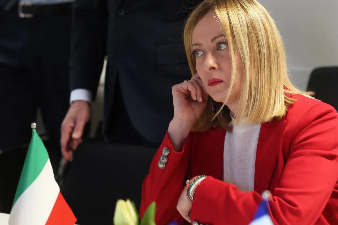 Italian Prime Minister Giorgia Meloni attends a Group of Ten (G10) breakfast on migration in Brussels, Belgium, 20 March 2025.  OLIVIER HOSLET/Pool via REUTERS/File Photo
