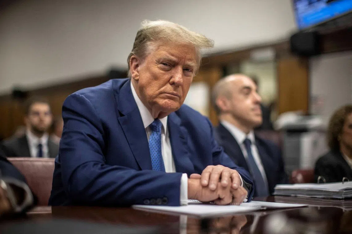 MAY 20, 2024 - NEW YORK, NY: Former President Donald Trump, charged with falsifying 34 business records in an attempt to cover up a payment to adult film actress Stormy Daniels, sits in a courtroom before the start of the day's proceedings in Manhattan Criminal Court, 100 Centre St. in Lower Manhattan, May 20, 2024.   Dave Sanders/Pool via REUTERS