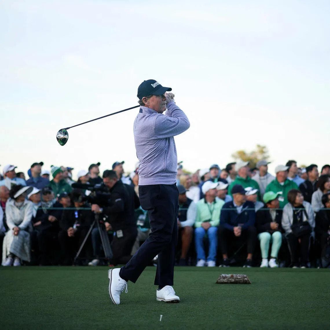 Honorary Starter Tom Watson of the United States playing his shot from the first tee during the first round of the 2026 Masters Tournament at Augusta National Golf Club on April 9, 2026 in Augusta, Georgia. 