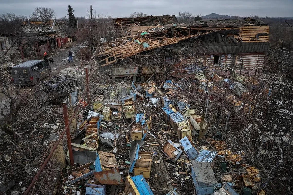 FILE PHOTO: A view of destroyed bee hives a site of a Russian missile strike in an area in the village of Rivne near the Pokrovsk town, amid Russia's attack on Ukraine, in Donetsk region, Ukraine January 7, 2024. REUTERS/Oleksandr Ratushniak/File Photo