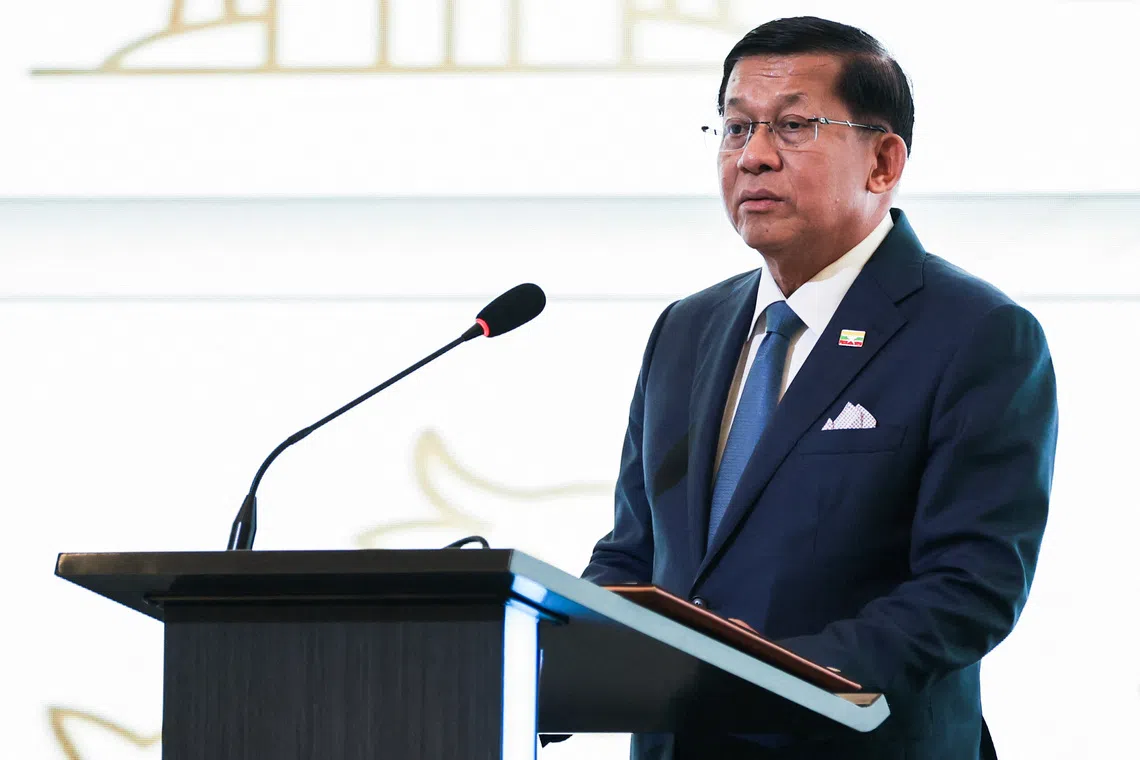 Myanmar’s President Min Aung Hlaing speaking at the Vietnam-Myanmar Business Forum in Hanoi during his official state visit to Vietnam in September.