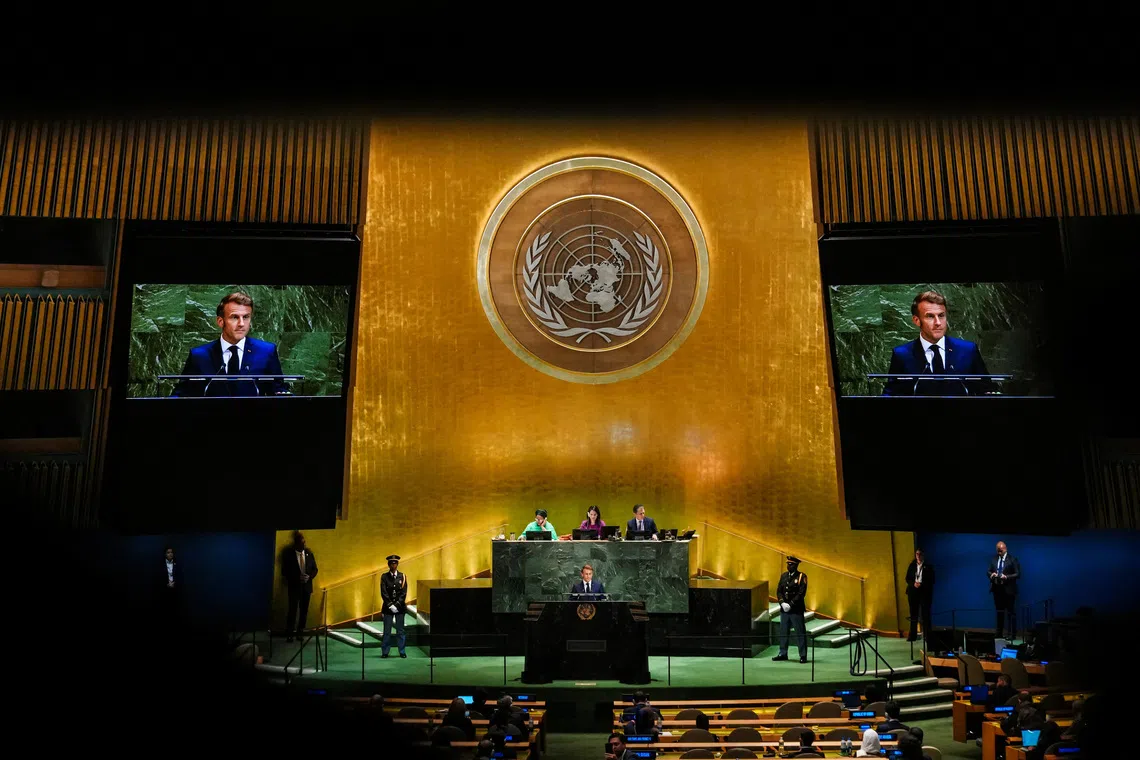 French President Emmanuel Macron addresses the 80th United Nations General Assembly at U.N. headquarters in New York, U.S., September 23, 2025. REUTERS/Eduardo Munoz