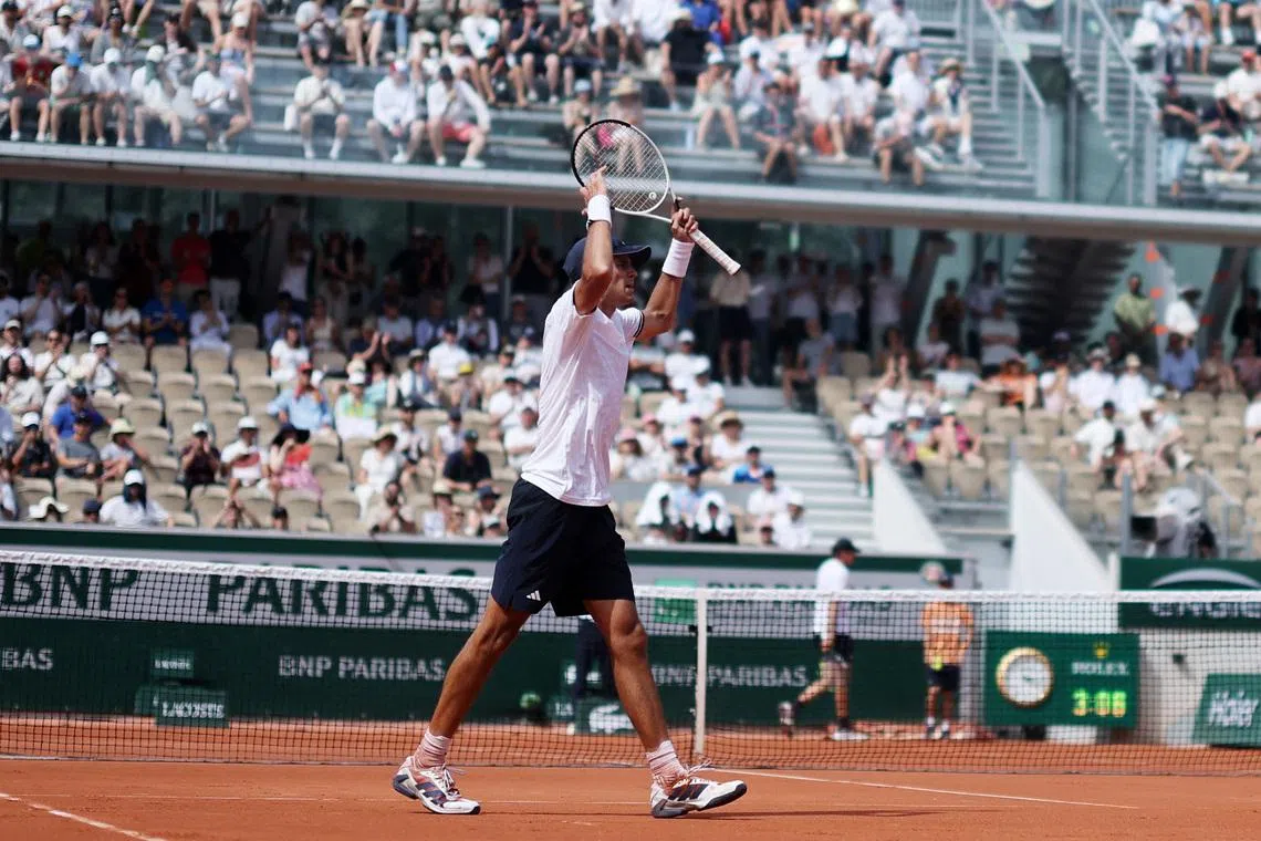 Spain's Rafael Jodar reacts during his third round match against Alex Michelsen of the U.S, Tennis, French Open, Roland Garros, Paris, France, May 29, 2026. REUTERS/Stephanie Lecocq