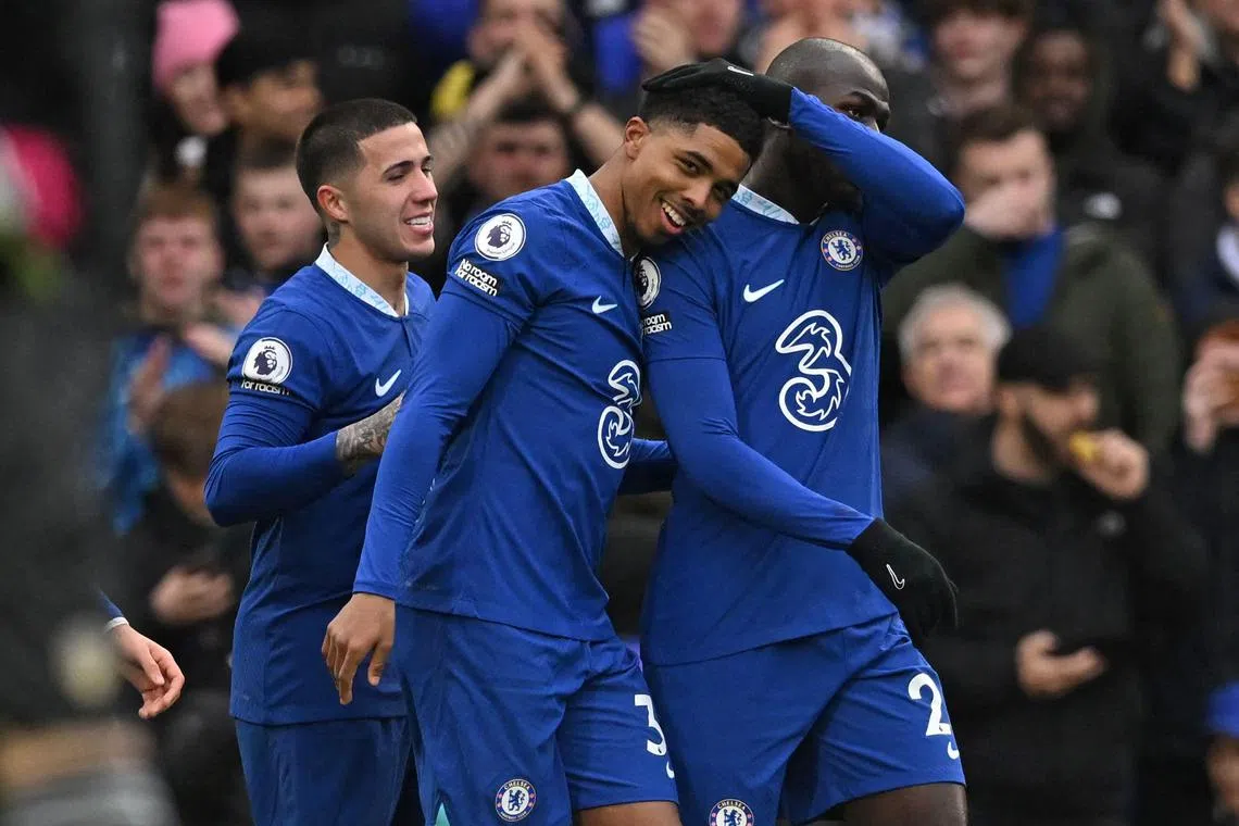 Wesley Fofana (centre) celebrates with teammates after scoring for Chelsea.