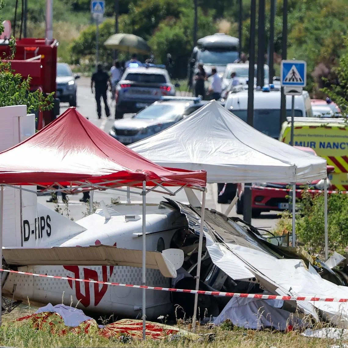 A view of a small plane that crashed in Tomblaine, France, on June 28, 2026.