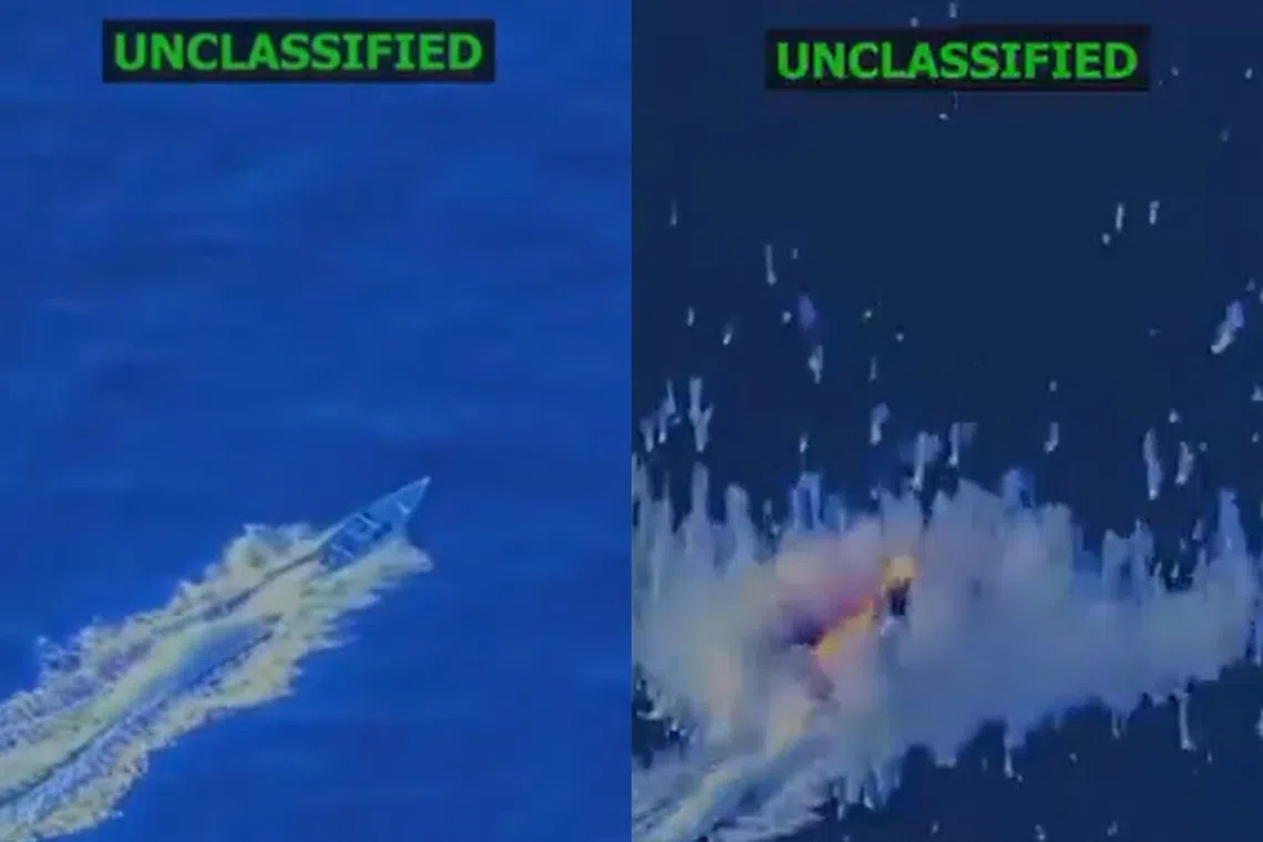 Screenshots from a video posted online by US Defence Secretary Pete Hegseth of the alleged drug-smuggling boat being destroyed by a US strike.