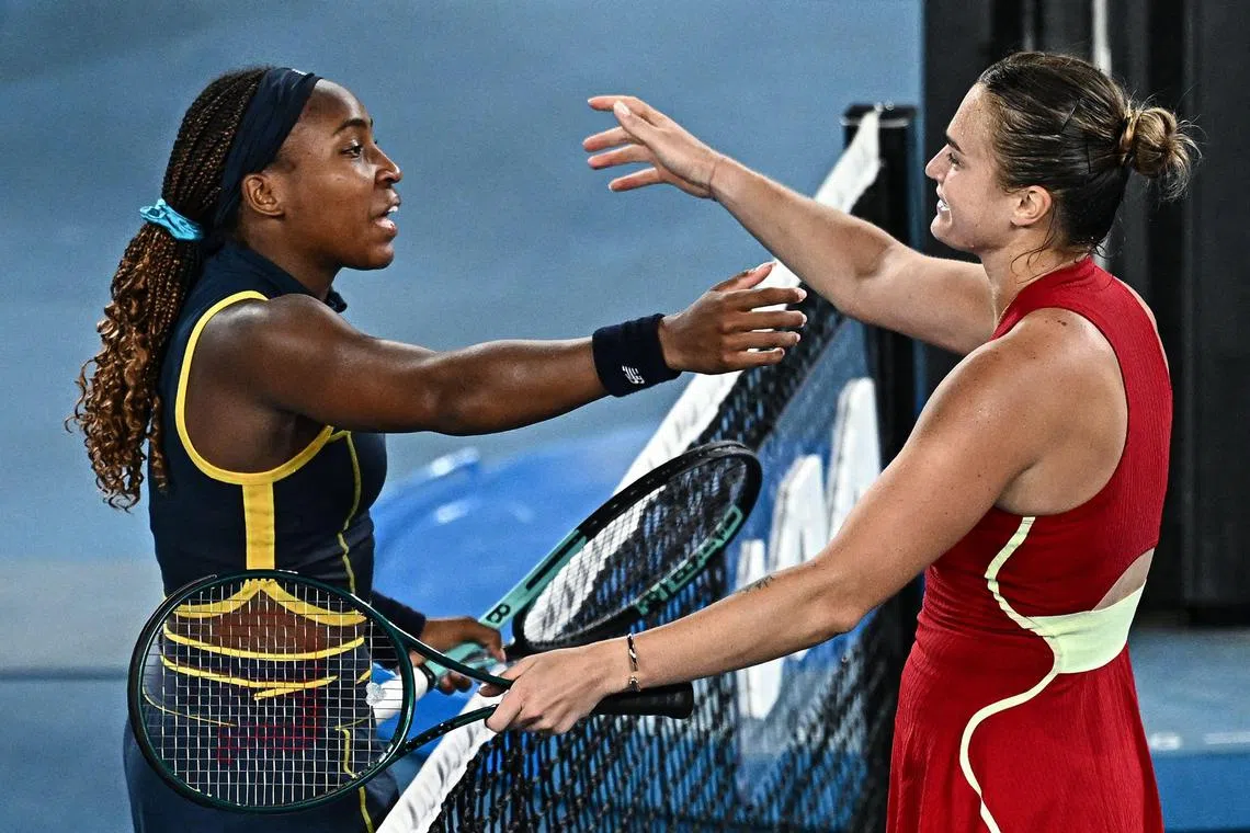 Belarus' Aryna Sabalenka (right) hugs USA's Coco Gauff after winning the women's singles semi-final match at the Australian Open tennis tournament in Melbourne, on Jan 15.
