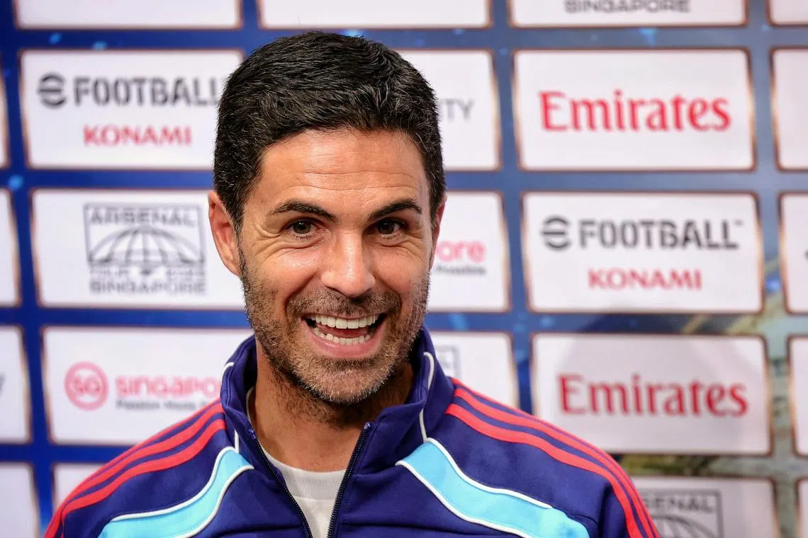 Arsenal manager Mikel Arteta taking questions from the media during a pre-match press conference at National Stadium on July 21, 2025.
