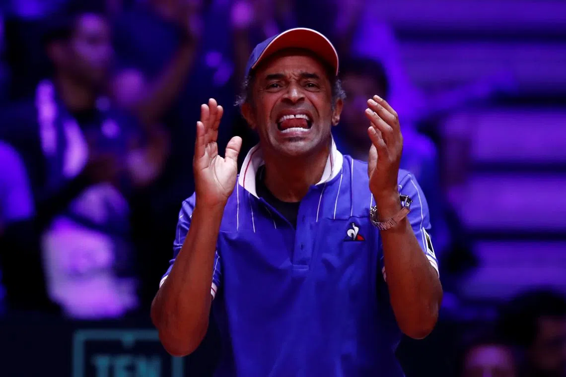Tennis - Davis Cup Final - France v Croatia - Stade Pierre Mauroy, Lille, France - November 24, 2018  France captain Yannick Noah reacts during the doubles match between Pierre-Hugues Herbert and Nicolas Mahut of France and Croatia's Ivan Dodig and Mate Pavic   REUTERS/Christian Hartmann/ File Photo