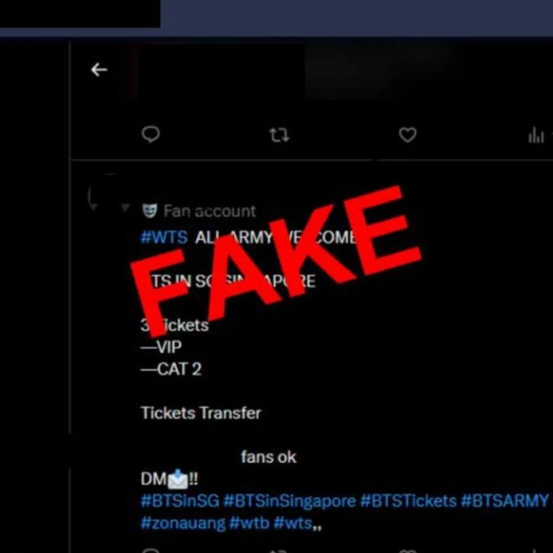 The police said there have been at least 62 ticket scam cases since June 1 for the BTS concert in Singapore.