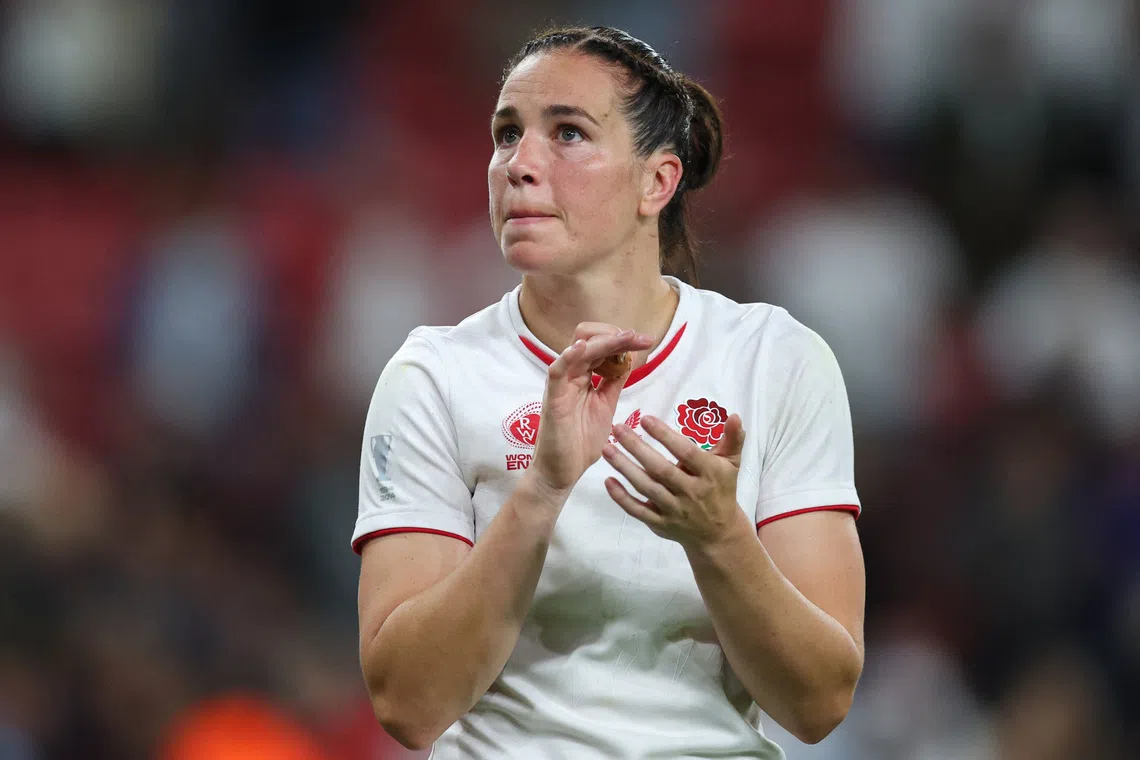 Rugby Union - Women's World Cup 2025 - Pool A - England v United States - Stadium of Light, Sunderland, Britain - August 22, 2025  England's Emily Scarratt celebrates after the match Action Images via Reuters/Craig Brough