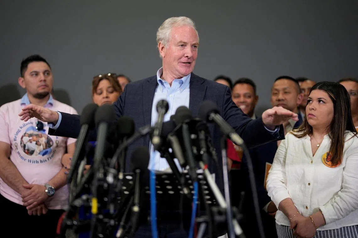 Jennifer Vasquez Sura, Cesar Abrego Garcia, and Cecilia Garcia de Abrego, the family of Kilmar Abrego Garcia, react as U.S. Senator Chris Van Hollen (D-MD) holds a press conference after returning from a visit to El Salvador, where he advocated for the release of Kilmar Abrego Garcia, a Salvadoran man deported from the U.S. without due process by the Trump administration, as an alleged MS-13 gang member and sent to the Terrorism Confinement Center (CECOT), a maximum security prison in El Salvador, at Dulles International Airport in Sterling, Virginia, U.S., April 18, 2025. REUTERS/Kent Nishimura/File Photo