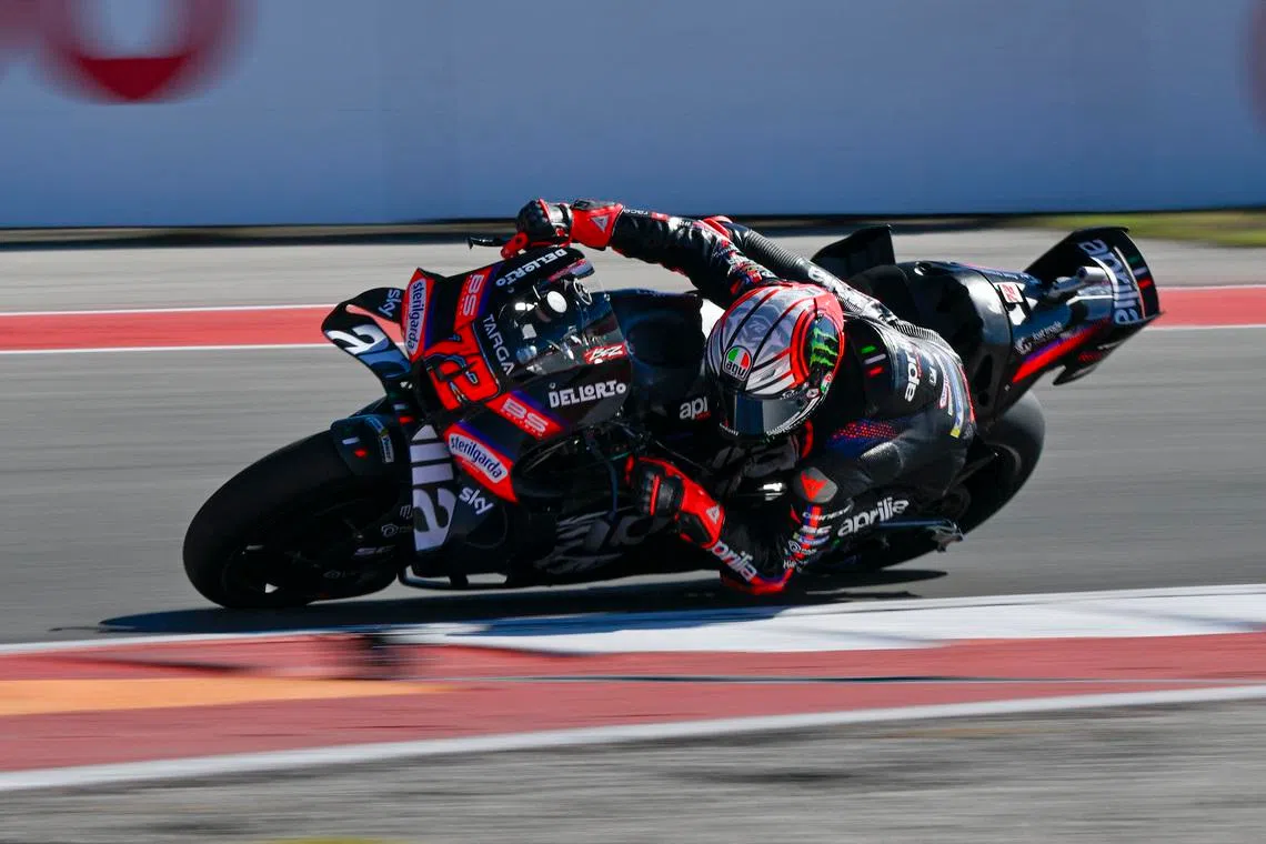 Mar 29, 2026; Austin, TX, USA; Aprilia Racing Team Marco Bezzecchi (72) rides during warmups before the start of the 2026 MotoGP Red Bull Grand Prix of the United States at Circuit of The Americas Austin. Mandatory Credit: Jerome Miron-Imagn Images