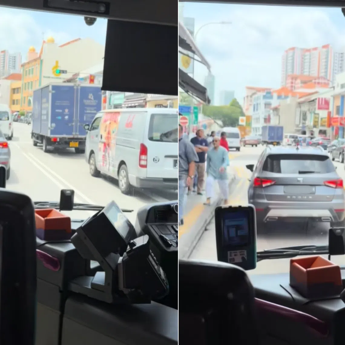 A silver car is seen driving slowly ahead of the bus, before turning into the bus lane and coming to a momentary stop at a bus stop.